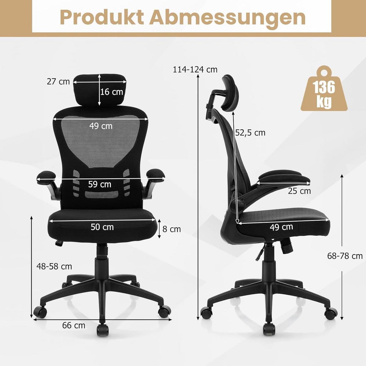 BÜROSTUHL Schwarz - Schwarz, Textil (66/124/66cm) - COSTWAY