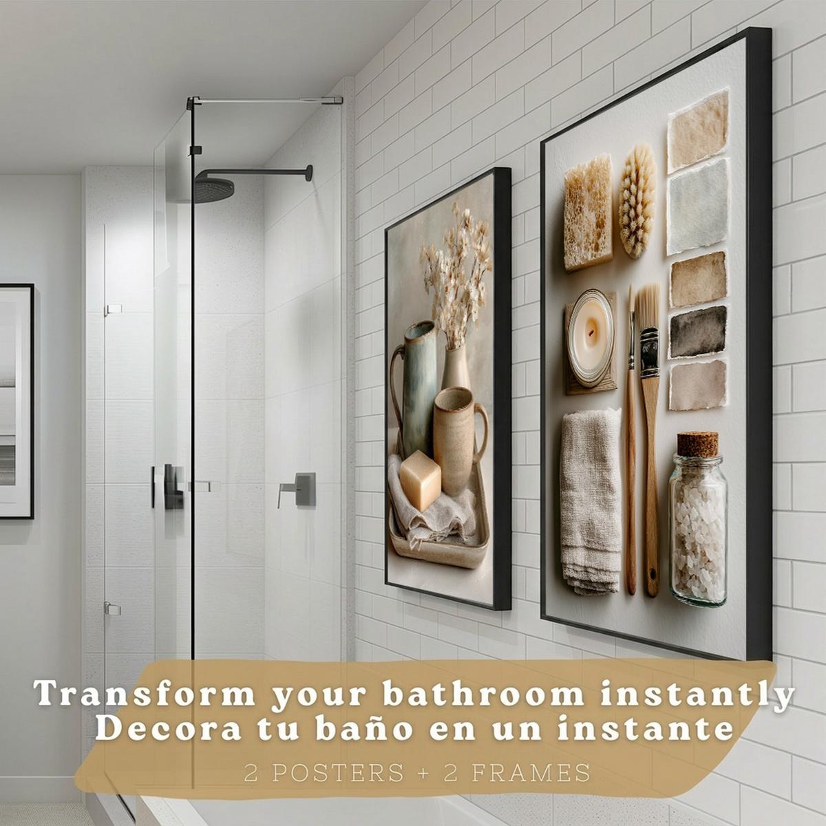 POSTER 2er-Set dekorative Badezimmer-Wandbilder und für Waschbecken, Dusche, WC mit Seifen, Tassen, Blumen künstlerischer Schwarzer Rahmen A3 - Schwarz, Papier (42/29.7/3cm) - Nacnic