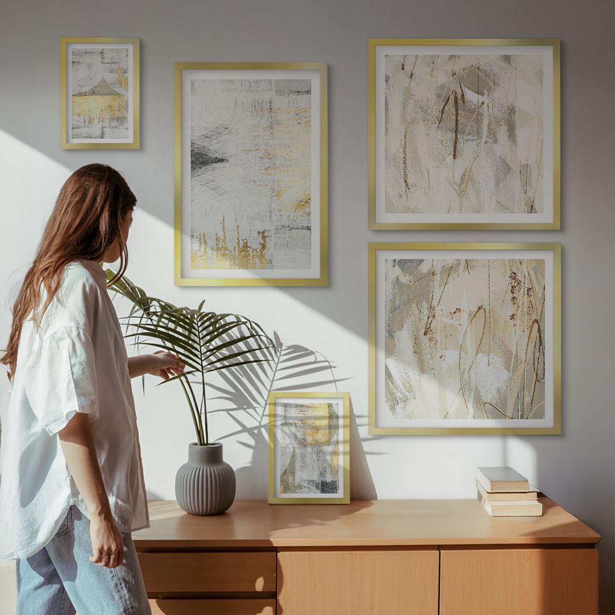 BILDER SET 5er Set - 50x50 cm & 20x30 cm & 40x60 cm Goldrahmen - Abstrakte minimalistische Muster - Goldfarben, Kunststoff (40/60cm) - TULUP