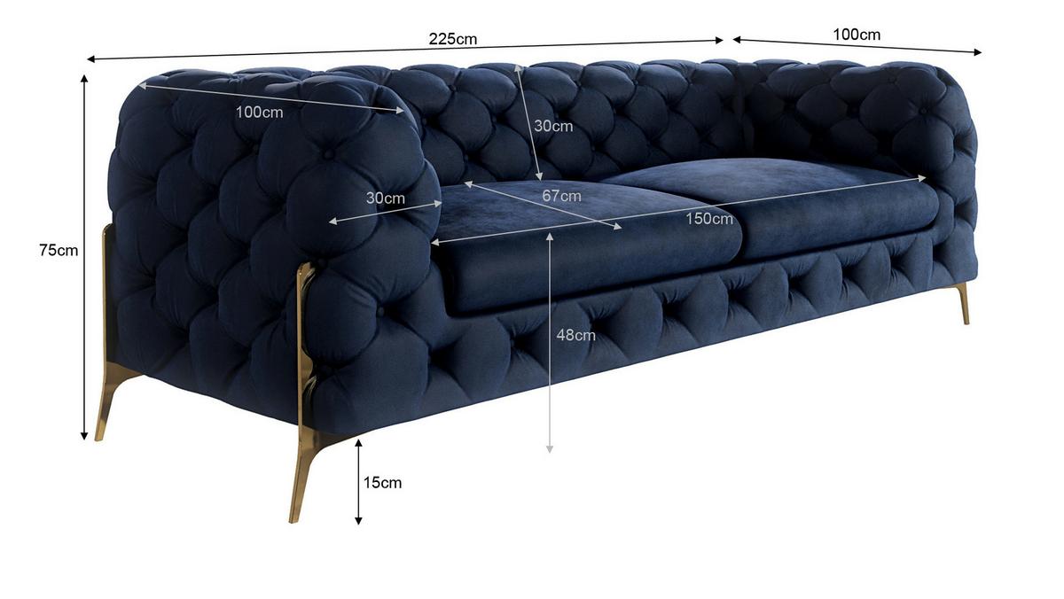 CHESTERFIELD-SOFA 3-Sitzer Lexi Marineblau Samt - Goldfarben/Dunkelblau, Holz/Textil (225/75/100cm) - S-Style Möbel