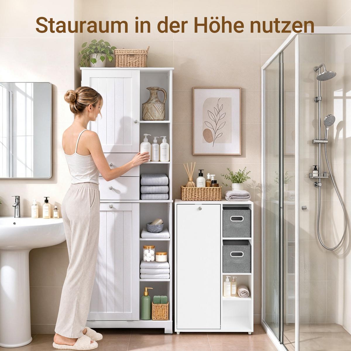 HOCHSCHRANKL mit Wäschekorb, schmaler Badezimmerschrank mit 6 Ablagen und 2 Schubladen für Wäsche, Weiß 60x37x171cm - Weiß, Holzwerkstoff (60/171/37cm) - SoBuy