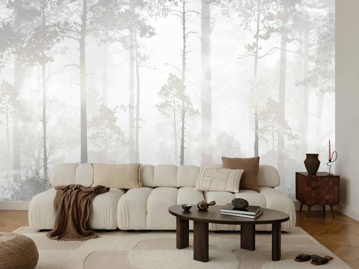 FOTOTAPETE für Schlafzimmer Nebliger Wald Bäume Sträucher Mystik 200x140 - Beige/Weiß, Papier (200/140cm) - Muralo