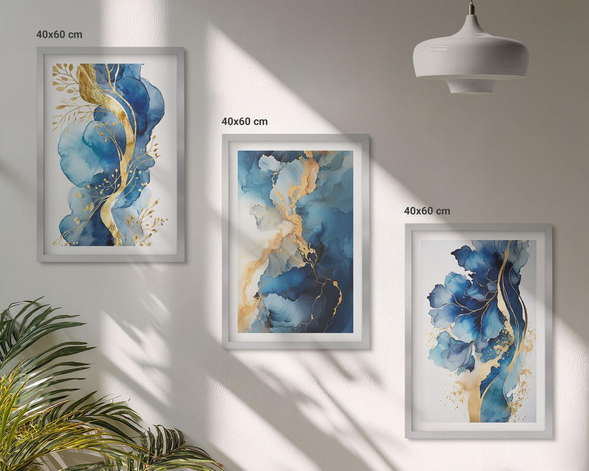 BILDER SET 3er Set - 40x60 cm Silberner Rahmen - Blaue abstrakte Muster - Silberfarben, Kunststoff (40/60cm) - TULUP