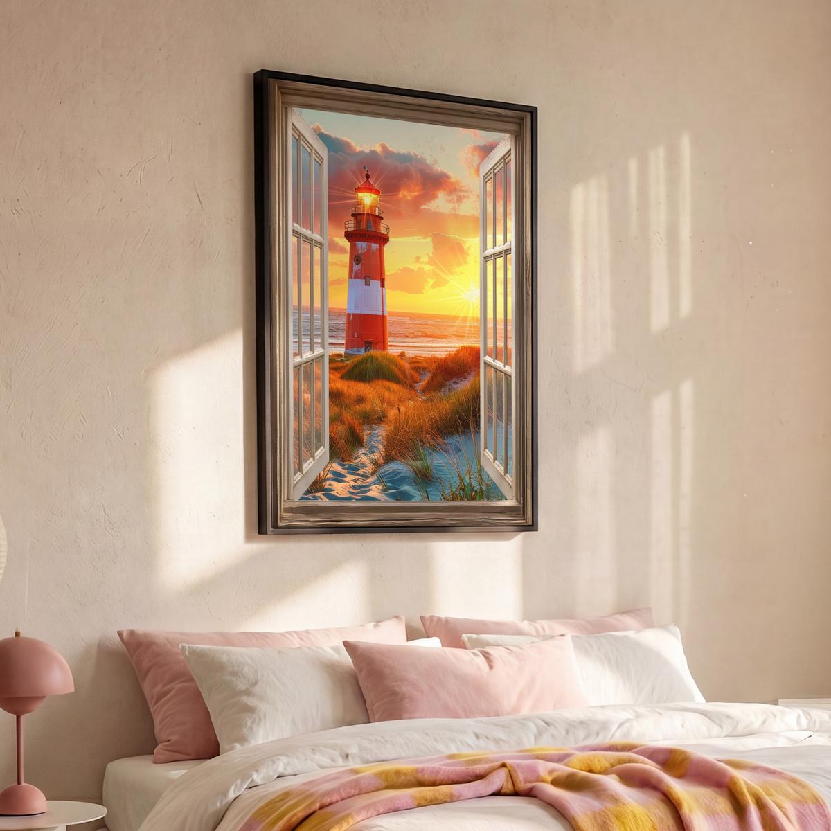 LEINWAND Bilder mit Rahmen - Aussicht - Fenster - Leuchtturm - Sonnenuntergang - Strand - 90x140 - Dunkelorange, Textil (90/140cm) - MuchoWow
