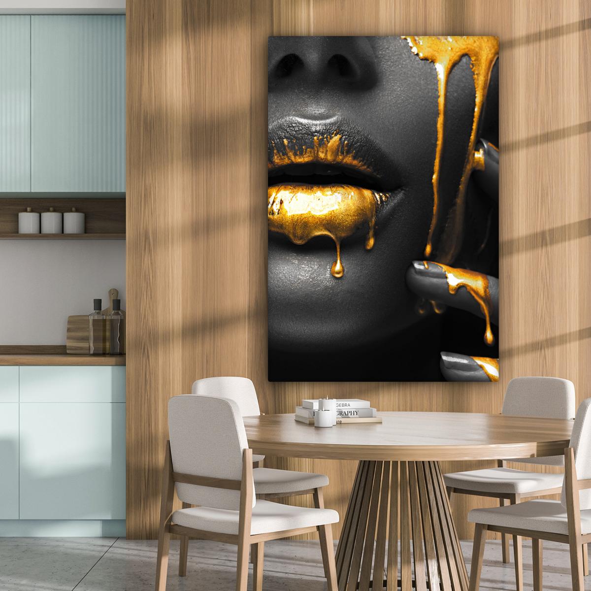 LEINWANDBILD Frau - Schwarz - Gold - Gesicht - Lippen Deko XXL 80x120 cm - Goldfarben, Textil (80/120cm) - MuchoWow