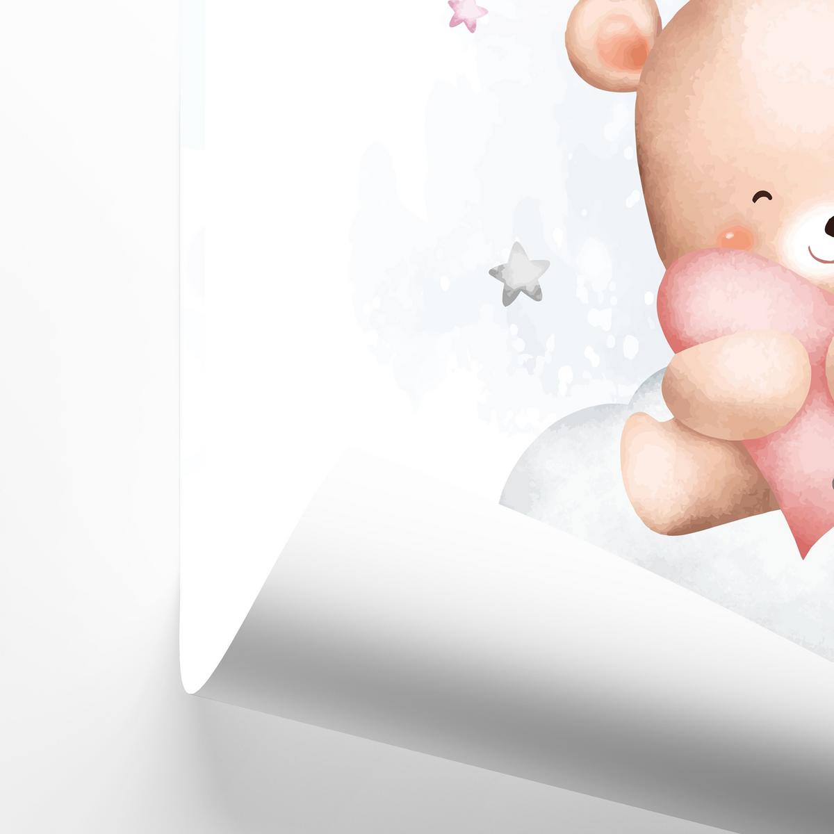 POSTER SET für Kinderzimmer Teddybären Wolken Ballons Sterne 3x Poster A4 21x30cm - Beige/Rosa, Papier (21/30/1cm) - Muralo