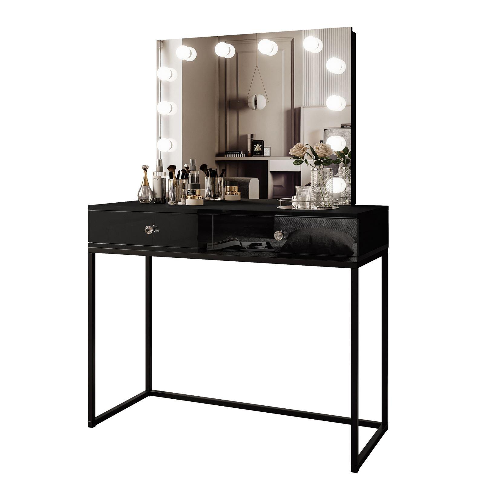 SCHMINKTISCH BLANCO LOFT ELITE mit Spiegel und Beleuchtung Schwarz Hochglanz Kristallgriff - Schwarz Hochglanz/Schwarz, Holzwerkstoff (100/146/42cm) - Lookway