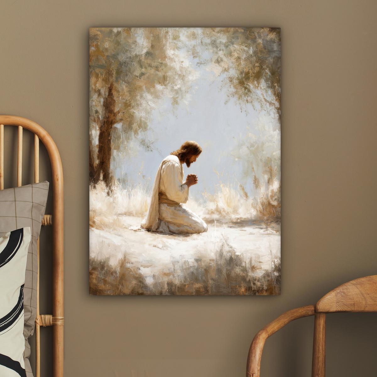 LEINWANDBILD Jesus - Kniend - Waldlandschaft - Betend Wandbild Wohnzimmer 60x80 cm - Beige/Hellblau, Textil (60/80cm) - MuchoWow