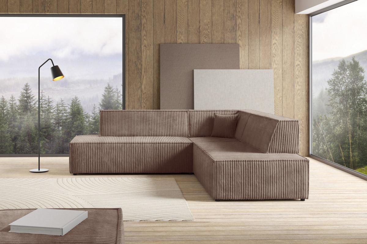 ECKSOFA TESSO II R-S Braun Kordstoff mit Schlaffunktion - Braun, Holz (254/254cm) - MASSENO