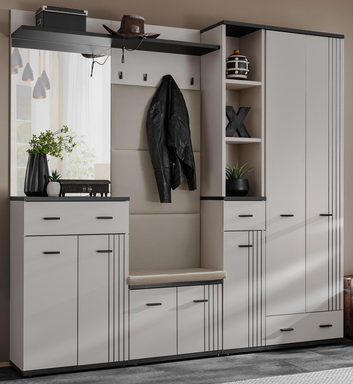 GARDEROBEN-SET Kaschmir, schwarz 6-teilig 210 cm, Flurgarderobe mit viel Stauraum - Kaschmir/Schwarz, Glas/Holzwerkstoff (210/203/32cm) - Inn.Furn