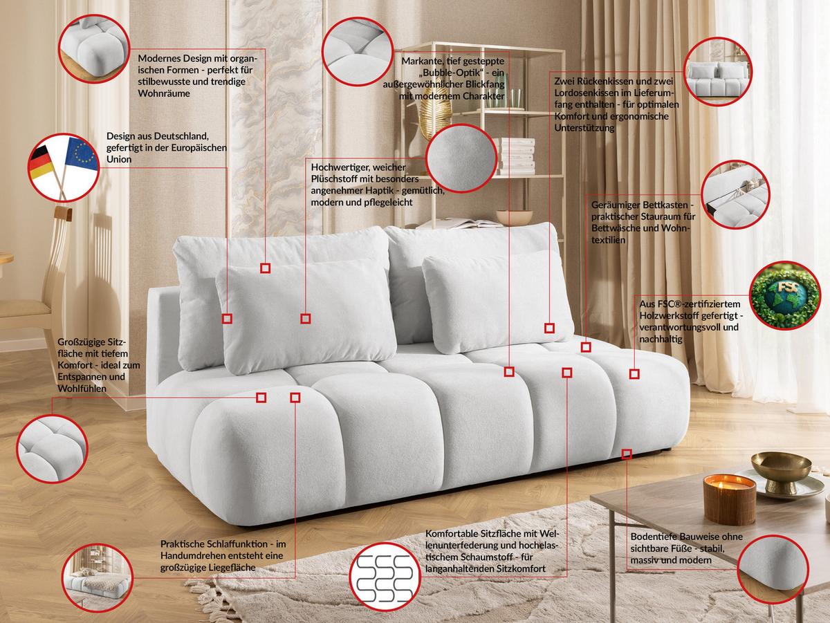 SCHLAFSOFA Belluno aus hochwertigem Hellgrau Plüschstoff mit Bettkasten und tiefen Steppungen in Bubble-Optik - Hellgrau/Schwarz, Holz/Kunststoff (205/87/105cm) - S-Style