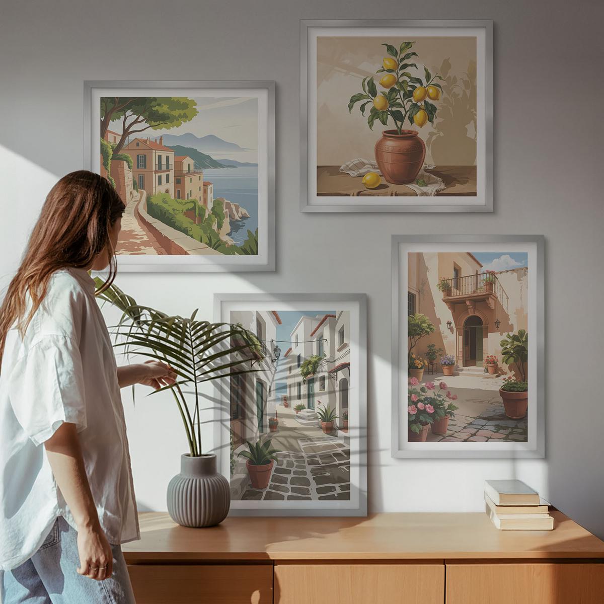 BILDER SET 4er Set - 50x50 cm & 40x60 cm Silberner Rahmen - Straßen, Häuser, Pflanzen, Töpfe - Silberfarben, Kunststoff (50/50cm) - TULUP