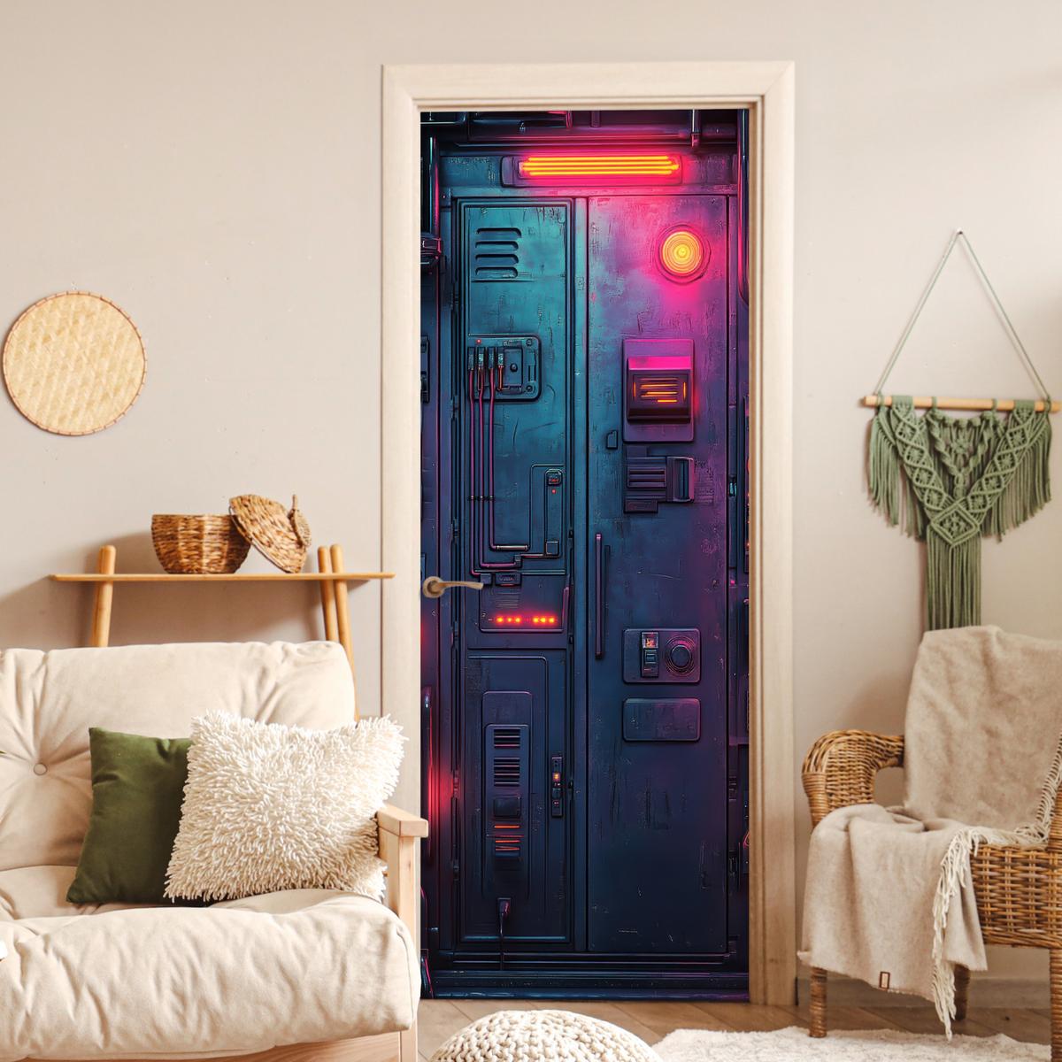 TÜRAUFKLEBER Tür - Futuristisch - Blau - Rosa - Neon 90x235 cm - Türtapete - Anthrazit, Kunststoff (90/0.1cm) - MuchoWow