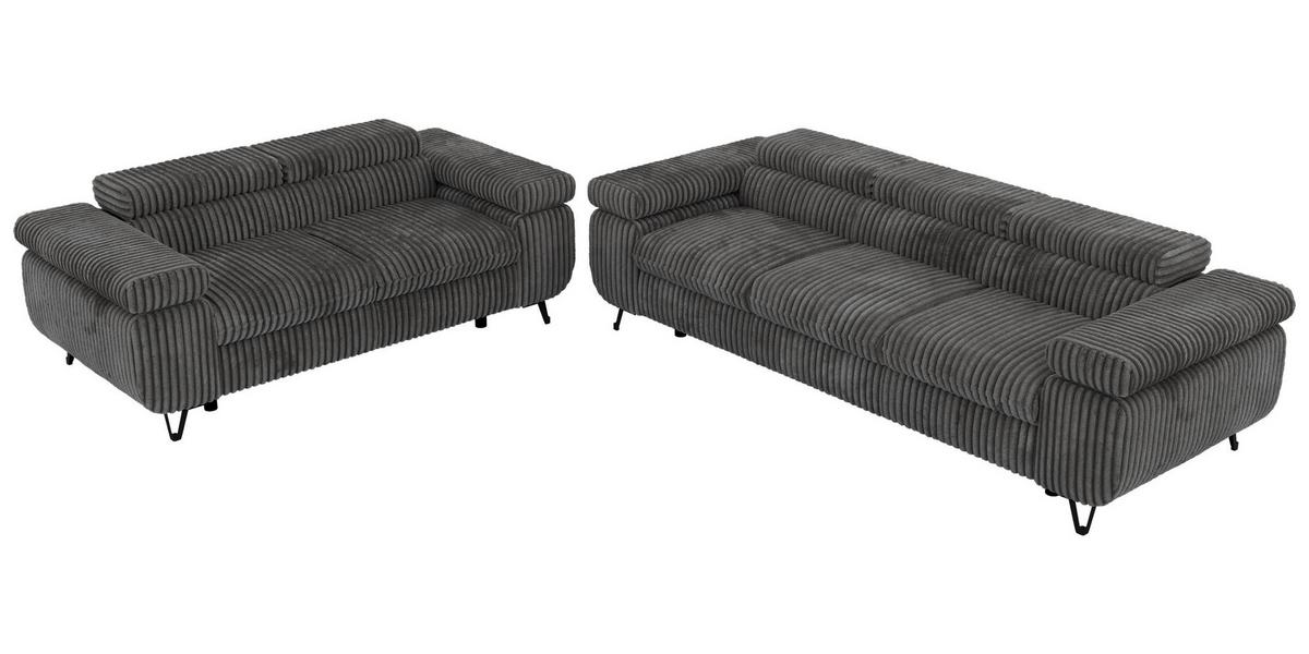 SITZGARNITUR PETER 2+3 - Grau Cord - Schwarz/Grau, Textil/Metall (262/76/99cm) - MKS