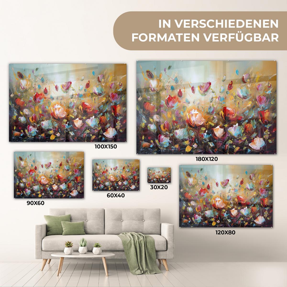 ACRYLGLASBILD Blumen - Kunst - Natur - Ölgemälde Room Decor 90x60 cm - Multicolor, Glas (90/60cm) - MuchoWow