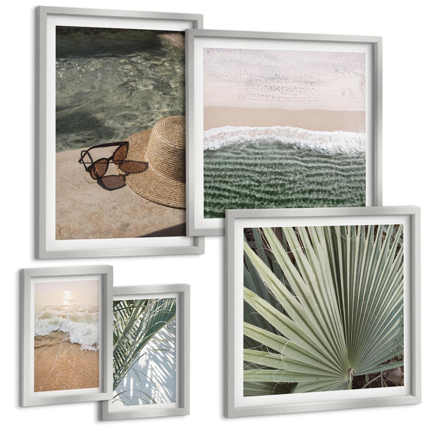 BILDER SET 5er Set - 50x50 cm & 20x30 cm & 40x60 cm Silberner Rahmen - Strandhut und Sonnenbrille - Silberfarben, Kunststoff (40/60cm) - TULUP