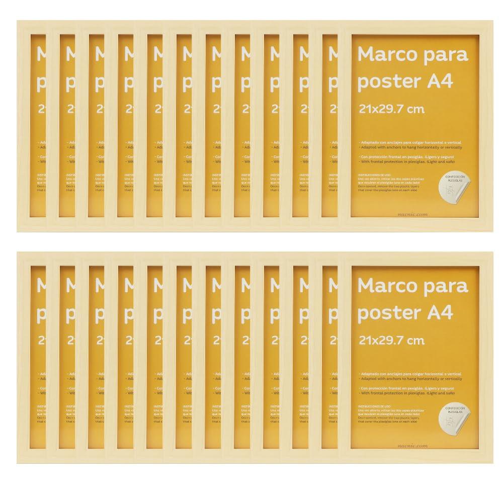 RAHMEN Set mit 24 aus MDF und Acrylglas Schutz und Aussteller für Fotografien, Bilder, Poster, Gemälde, Dekoration für Haus Farbe Hellholz A4 - Beige, Holz (21/3cm) - Nacnic