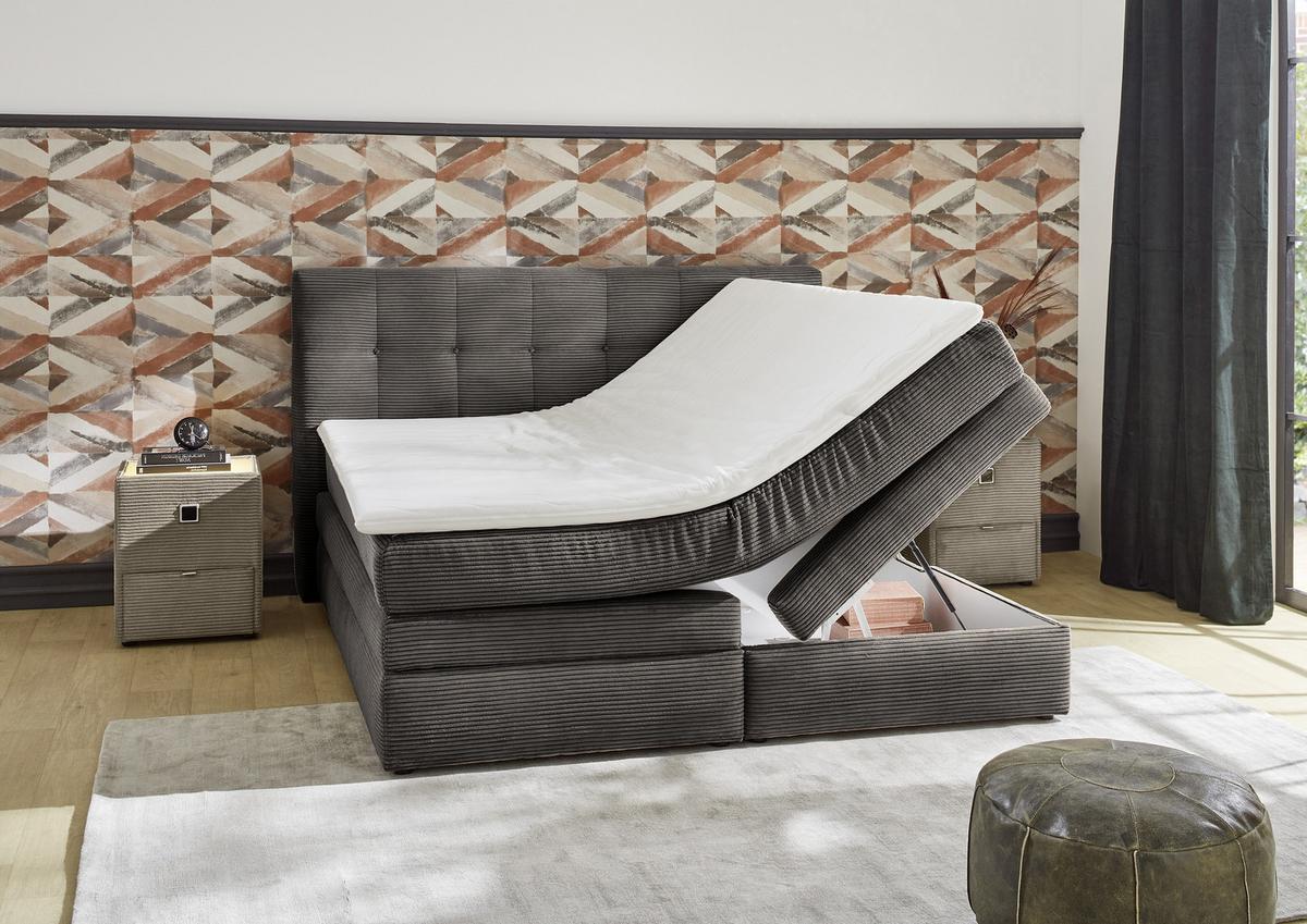 BOXSPRINGBETT 180x200 cm, 7-Zonen-Tonnentaschen-Federkernmatratzen H3, Topper, Bonell-Federkern, 2 Bettkästen, Cord Dunkelgrau / 20038 - Dunkelgrau/Schwarz, Kunststoff/Textil (180/200cm) - luma-home