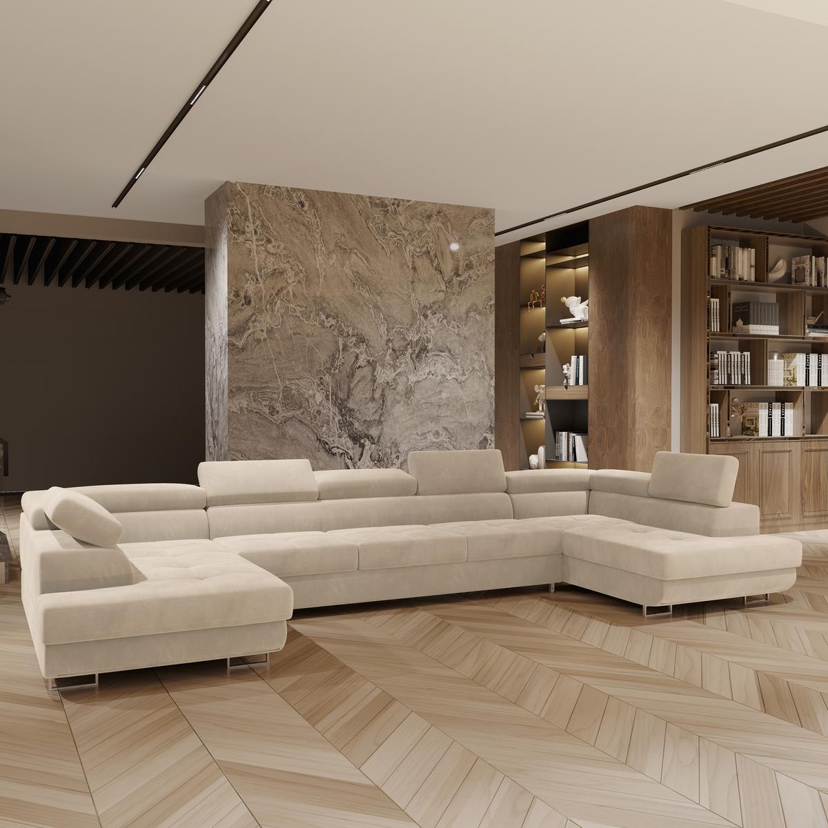 WOHNLANDSCHAFT ISOLANO Creme Velours-Stoff mit Schlaffunktion - Creme, Holz (408/90/202cm) - MASSENO