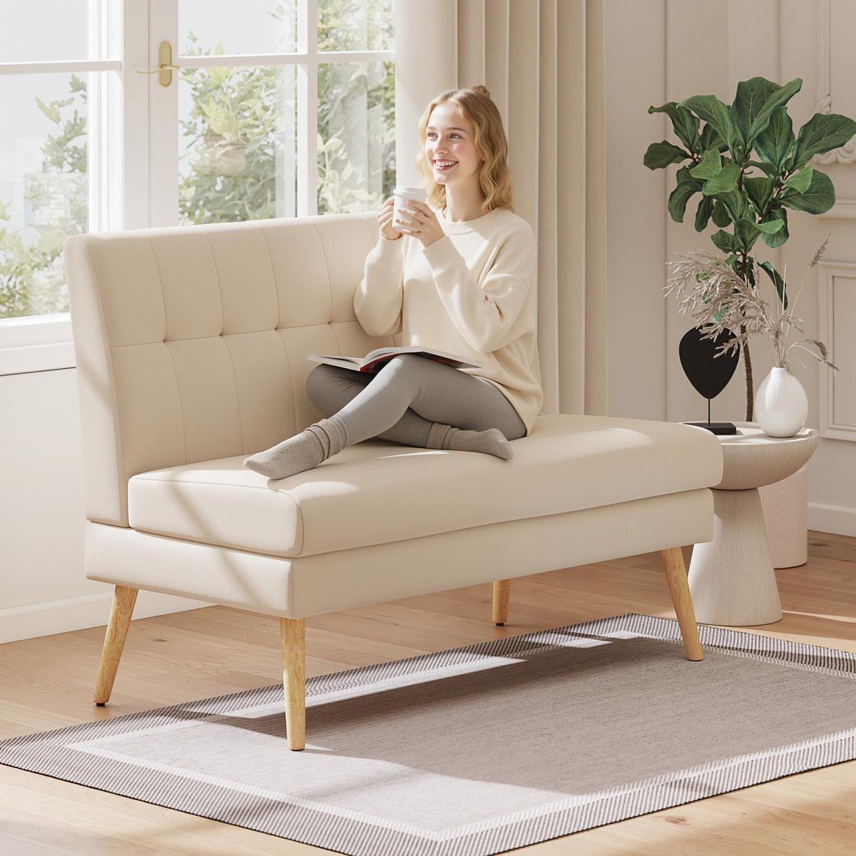 SOFA 2 Sitzer Couch mit Leinenoptik, Getuftete Rückenlehne, Beige - Beige/Naturfarben, Holz/Textil (68/90/118cm) - HOMCOM