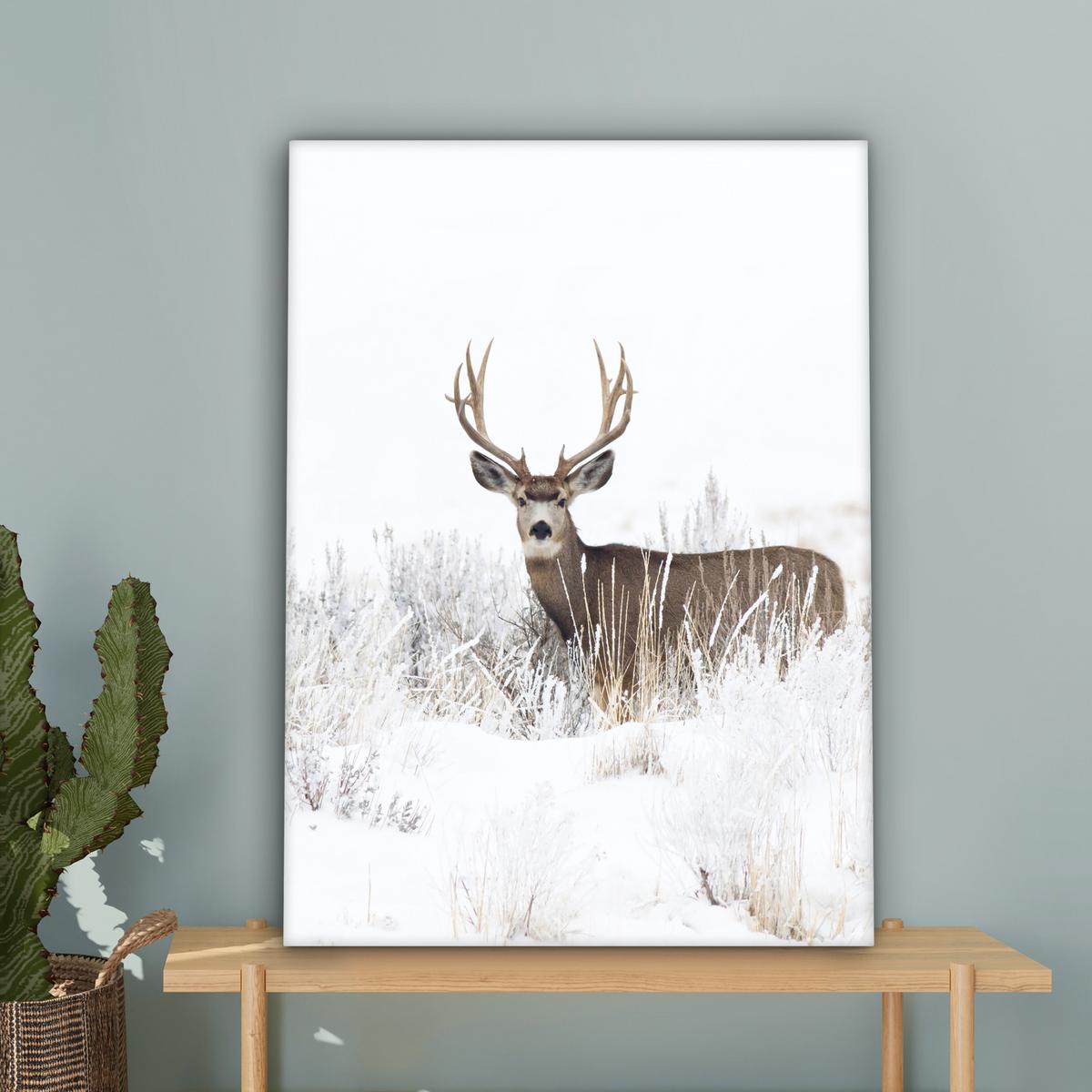 LEINWANDBILD Hirsche - Winter - Schnee - Tiere - Jahreszeiten - Weiß Wandbild Wohnzimmer 60x80 cm - Hellbraun, Textil (60/80cm) - MuchoWow
