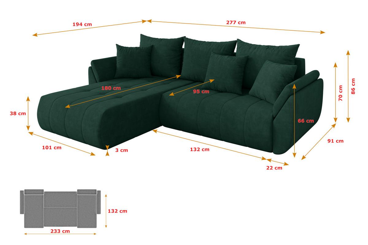 ECKSOFA mit Schlaffunktion Ottomane Links TOKO-L 277x194x86 Grün Velours - Schwarz/Grün, Holzwerkstoff/Kunststoff (277/194cm) - ALTDECOR