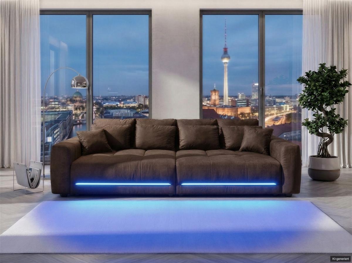 BIG-SOFA Federkern B294/T136/H86 cm, RGB-LED-Beleuchtung mit Fernbedienung, Mikrofaserstoff in Braun / 15417 - Schwarz/Braun, Kunststoff/Textil (294/86/136cm) - luma-home