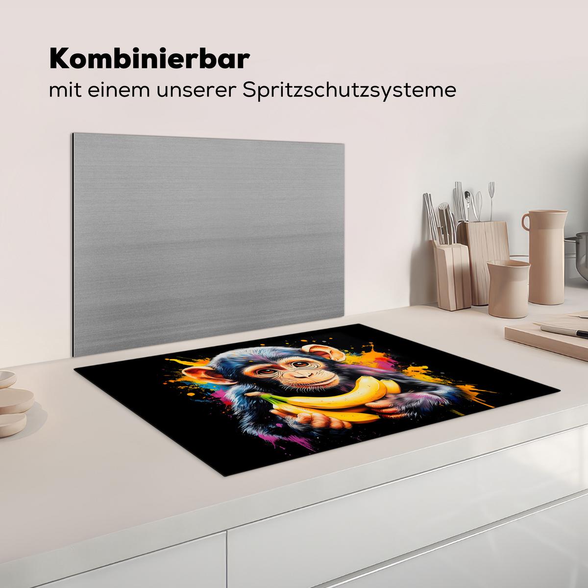 HERDABDECKPLATTE Affe - Graffiti - Farbenfroh - Bananen - Modern Herdabdeckung Induktionsfeld 75x52 cm - Gelb, Kunststoff (75/52/0.2cm) - MuchoWow