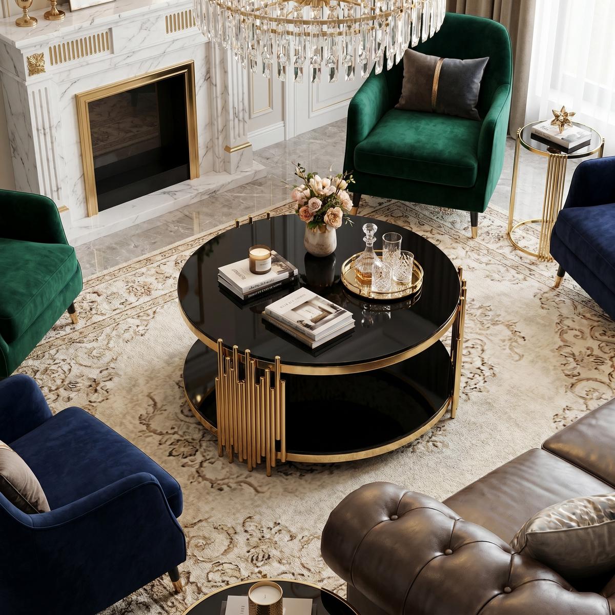 COUCHTISCH rund schwarz & gold Ø 80 cm doppelglas & edelstahlgestell - Goldfarben, Metall (80/80/45cm) - Urban Meuble