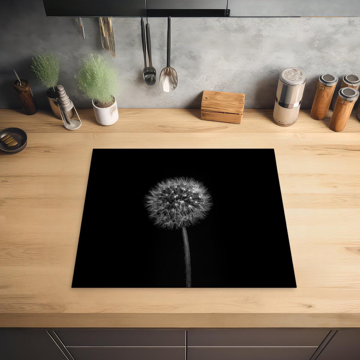 HERDABDECKPLATTE Löwenzahn - Schwarz - Floral - Botanisch Herdabdeckung Induktionsfeld 60x52 cm - Grau, Kunststoff (60/52/0.2cm) - MuchoWow