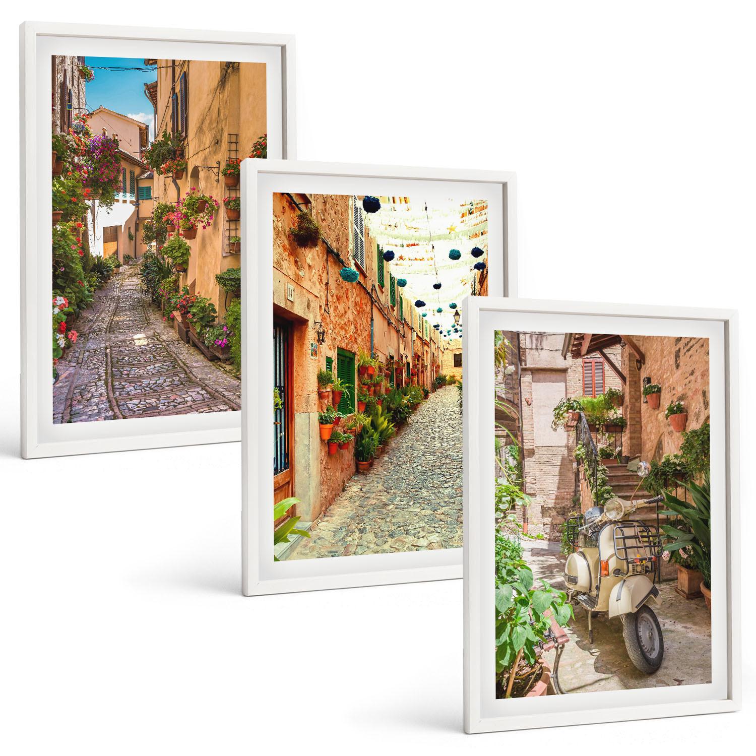 BILDER SET 3er Set - 40x60 cm Weißer Rahmen - Straßen, Blumen, italienisches Flair - Weiß, Kunststoff (40/60cm) - TULUP