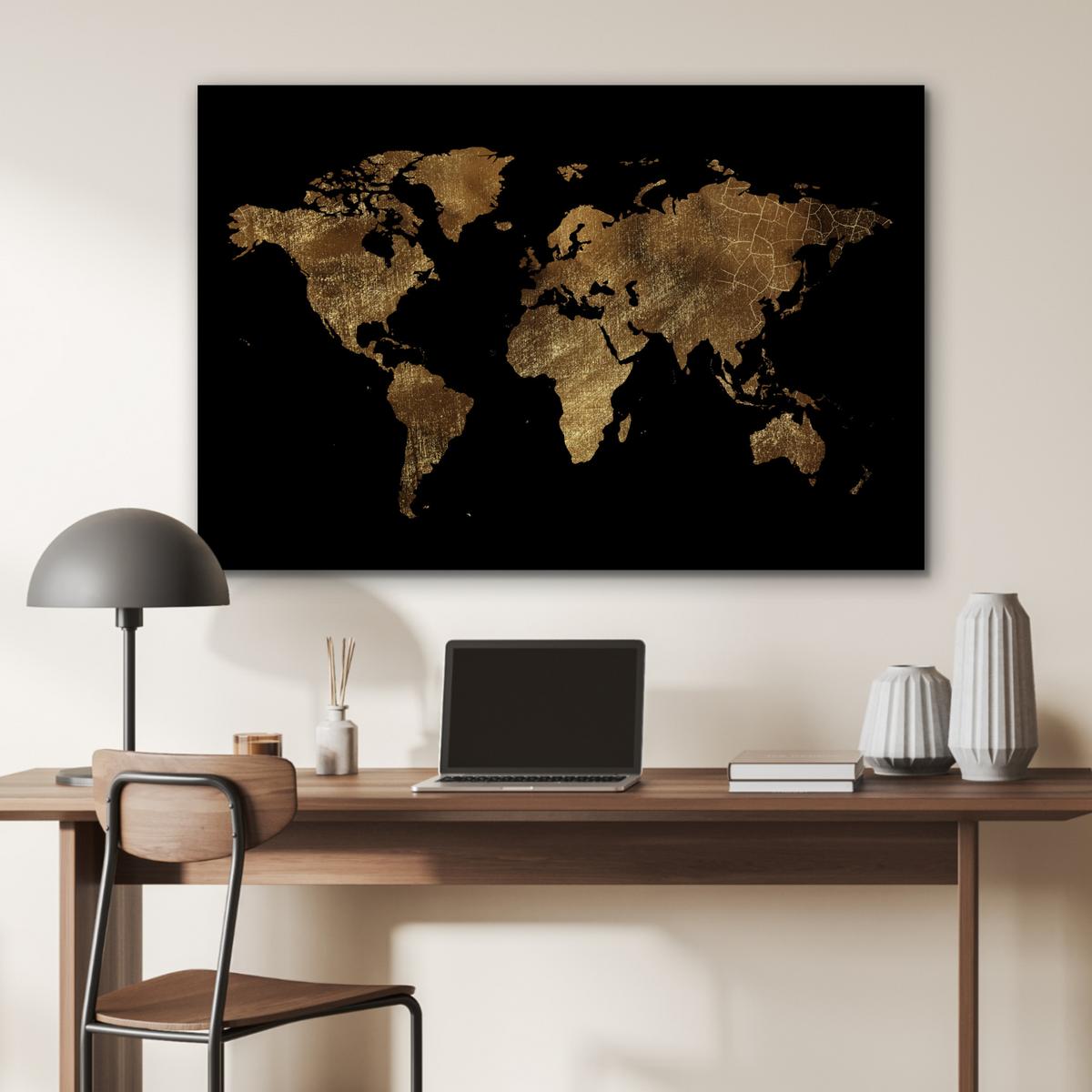 METALLBILD Weltkarte - Gold - Luxus - Erde - Schwarz Deko Groß 120x80 cm - Goldfarben, Metall (120/80cm) - MuchoWow