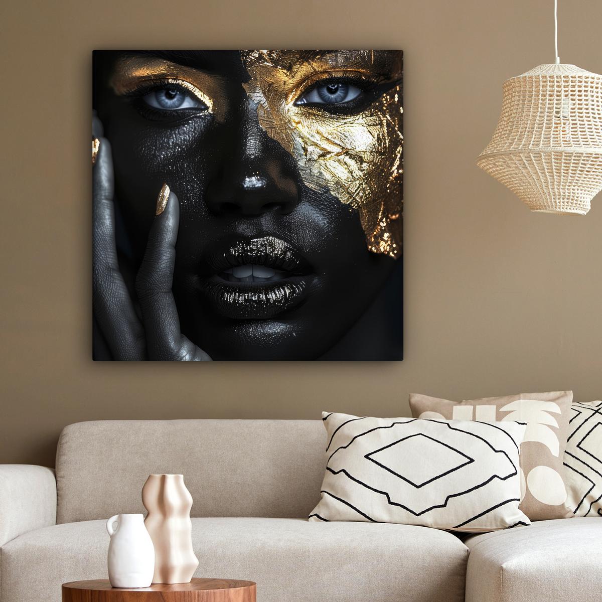 LEINWANDBILD Frau - Gold - Porträt - Schwarz-Weiß - Luxus Deko Groß 90x90 cm - Hellblau, Textil (90/90cm) - MuchoWow