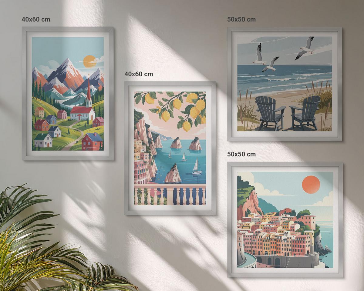 BILDER SET 4er Set - 50x50 cm & 40x60 cm Silberner Rahmen - Farbenfrohe Berge und Küstenstädte - Silberfarben, Kunststoff (50/50cm) - TULUP