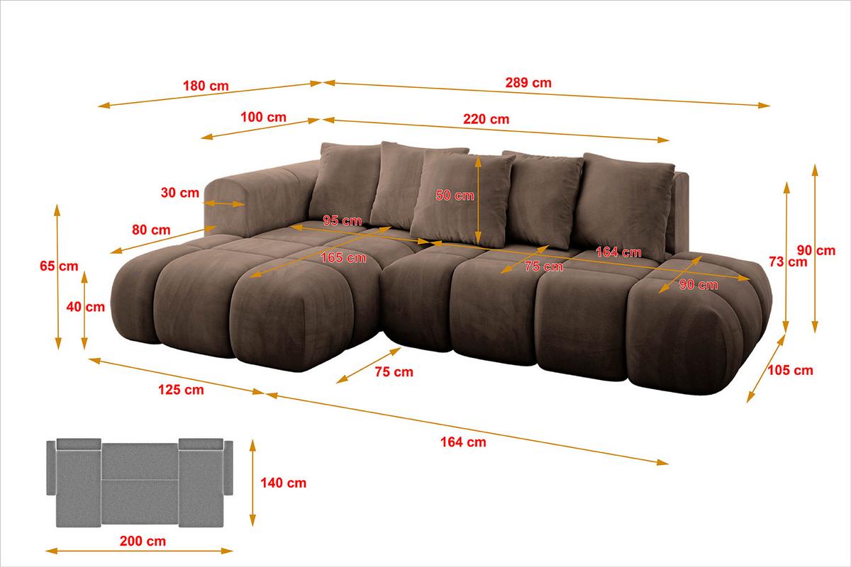 ECKSOFA Ottomane Links CLOUD-L-v1 280x185x90 Braun Velours - Braun, Holzwerkstoff/Kunststoff (180/289cm) - ALTDECOR