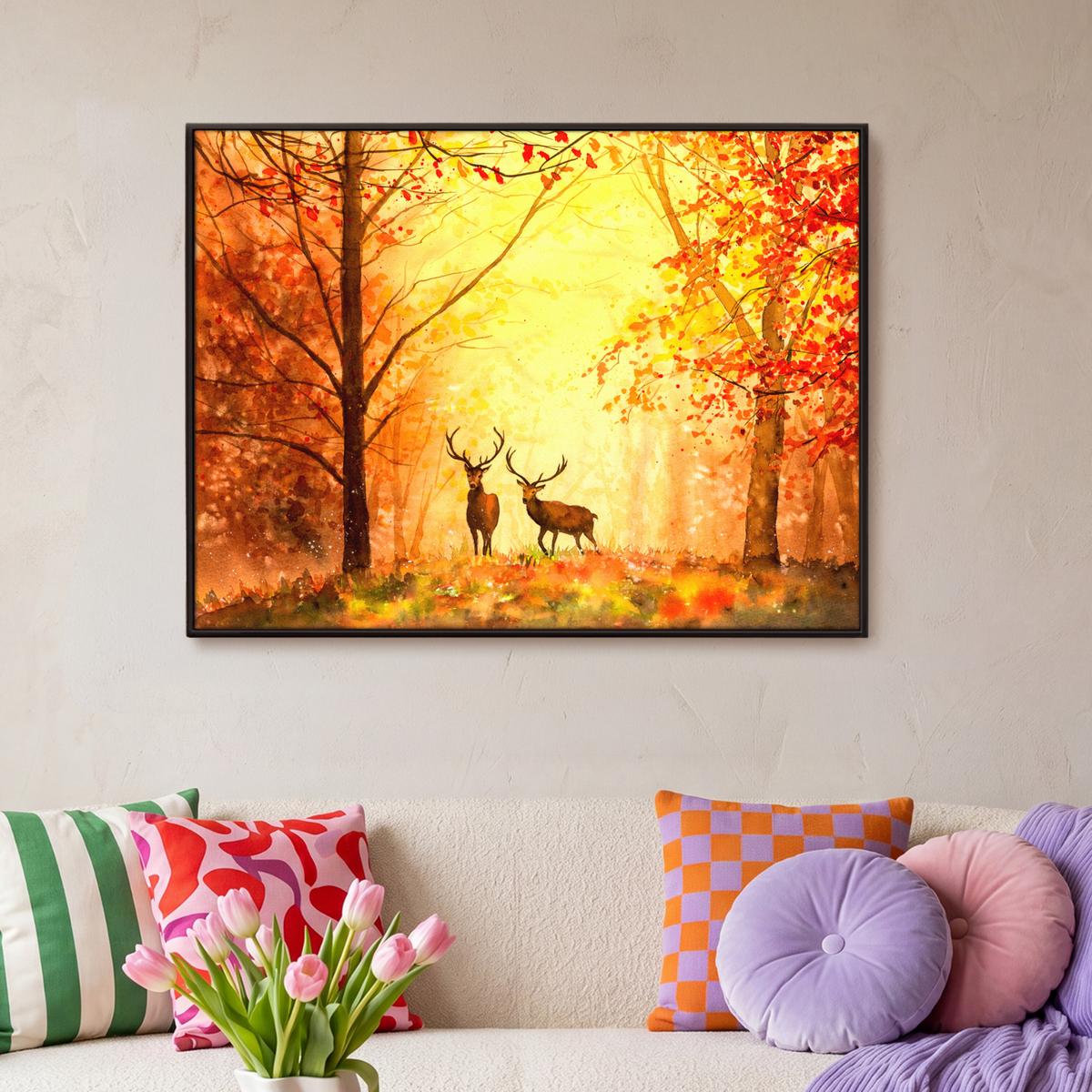 LEINWAND Bilder mit Rahmen - Natur - Ölfarbe - Hirsche - Tiere - Herbst - Orange - 100x70 - Orange, Textil (100/70cm) - MuchoWow
