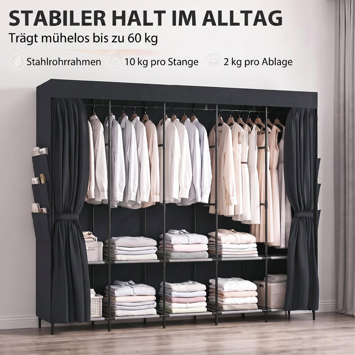 STOFFSCHRANK Stahl Vliesstoff Schwarz - Schwarz, Textil/Metall (45/167/212cm) - HOMCOM