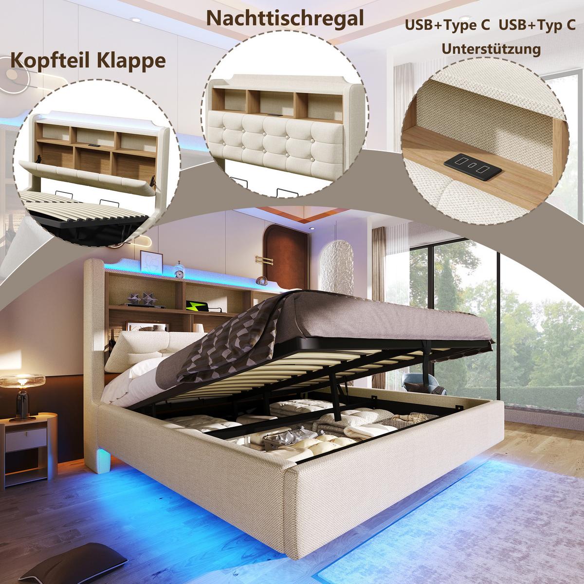 POLSTERBETT 140x200 Leinen Beige mit LED-Beleuchtung und Stauraum - Beige, Textil (140/200cm) - Urban Meuble