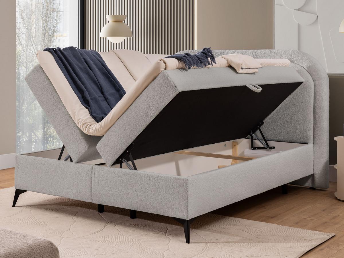 BOXBETT Sonna 140/200 cm Hellgrau Bouclé-Stoff mit abgerundetem Kopfteil und mit schwarzen Metallfüße - Hellgrau/Schwarz, Holz/Textil (140/200cm) - S-Style Möbel
