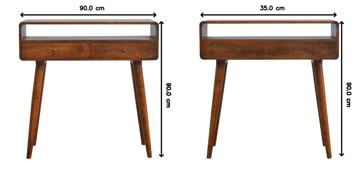 GEKRÜMMTES KONSOLENTISCH im Kastanienholz-Finish, 2 Schubladen, 1 Offenes Fach, Beine im Nordischen Stil, Braun - Messingfarben/Braun, Holz/Metall (35/90/90cm) - Artisan Furniture