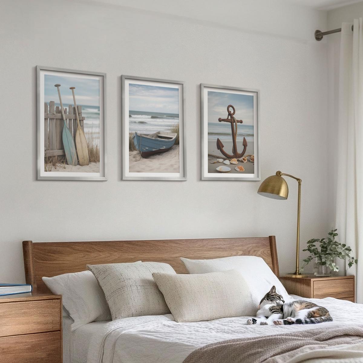 BILDER SET 3er Set - 40x60 cm Silberner Rahmen - Strandbootanker Sand - Silberfarben, Kunststoff (40/60cm) - TULUP