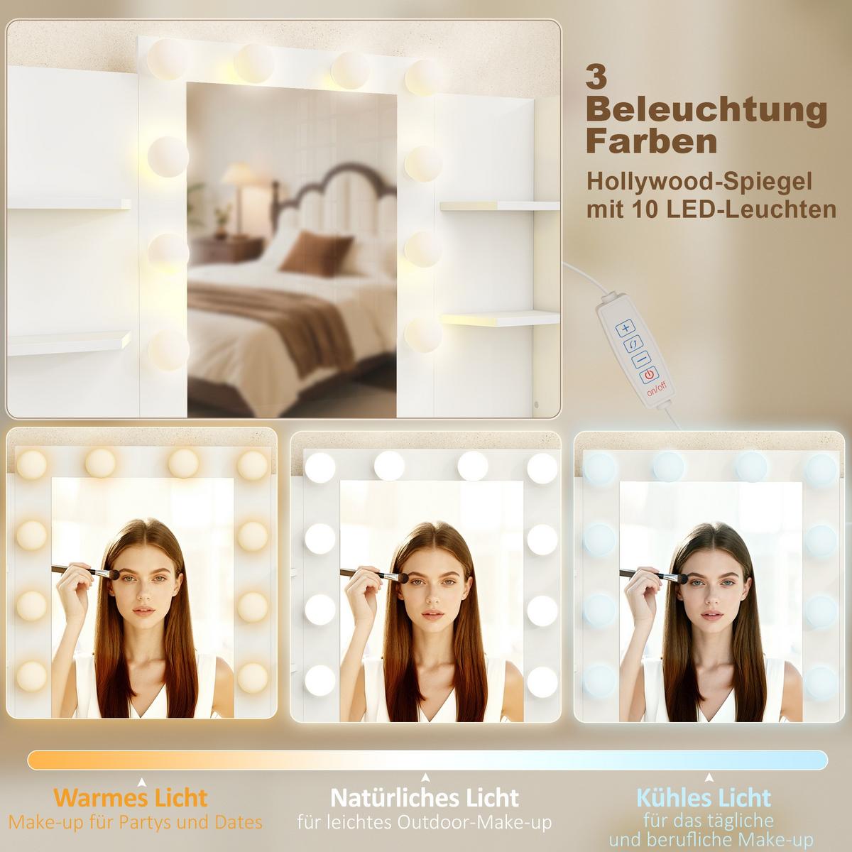 SCHMINKTISCH mit Hocker MDF Glas Weiß - Goldfarben/Weiß, Holzwerkstoff/Metall (40/140/120cm) - HOMCOM