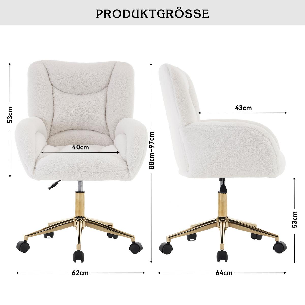 BÜROSTUHL teddy-stoff weiß & gold, höhenverstellbar & 360° drehbar - Weiß, Textil (64/92.5/62cm) - Urban Meuble
