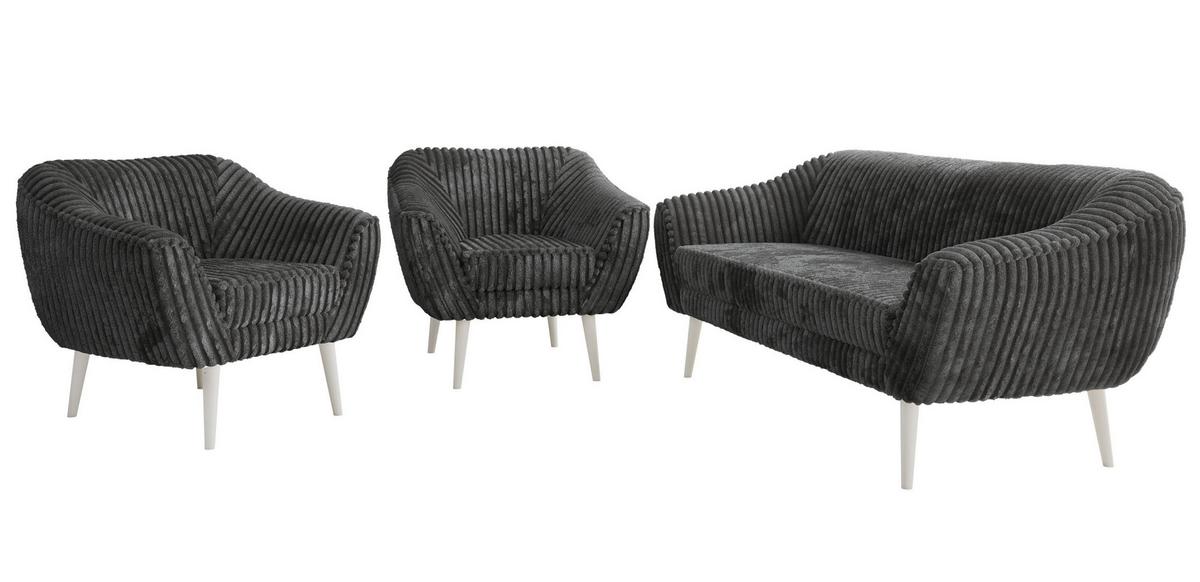 SITZGARNITUR PIRS 3+1+1 - Grau Cord - Weiße Beine - Weiß/Grau, Holzwerkstoff/Textil (180/75/74cm) - MKS
