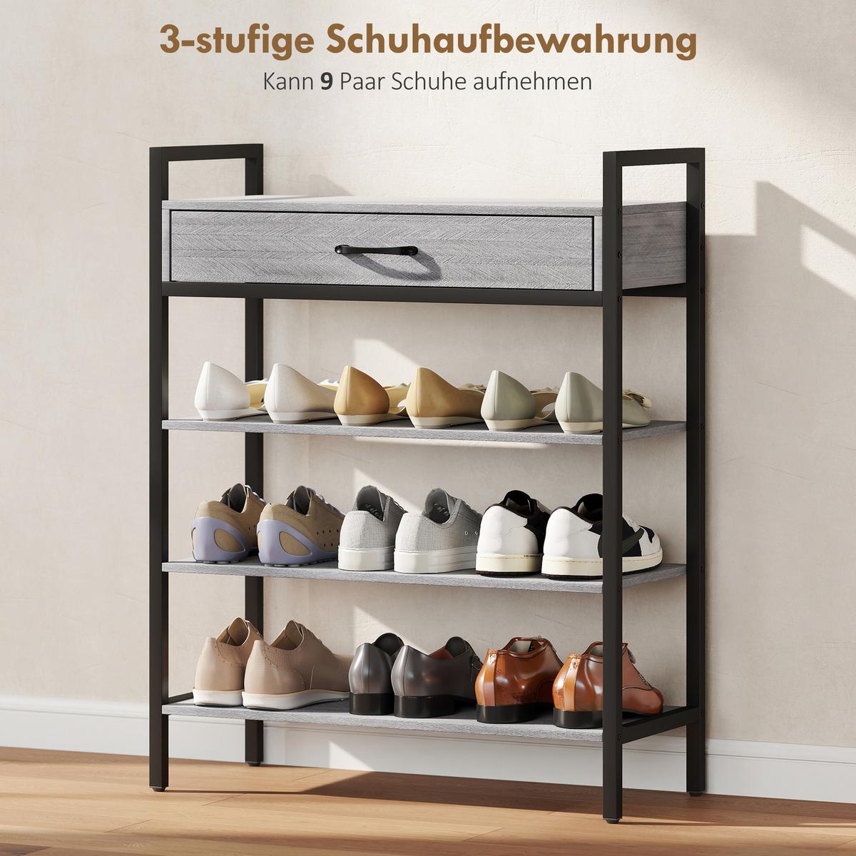 SCHUHREGAL 4 Ebenen Schuhständer Metall mit Schublade für 9 Paar Schuhe Grau - Schwarz/Grau, Holzwerkstoff/Metall (30/87.6/70cm) - HOMCOM