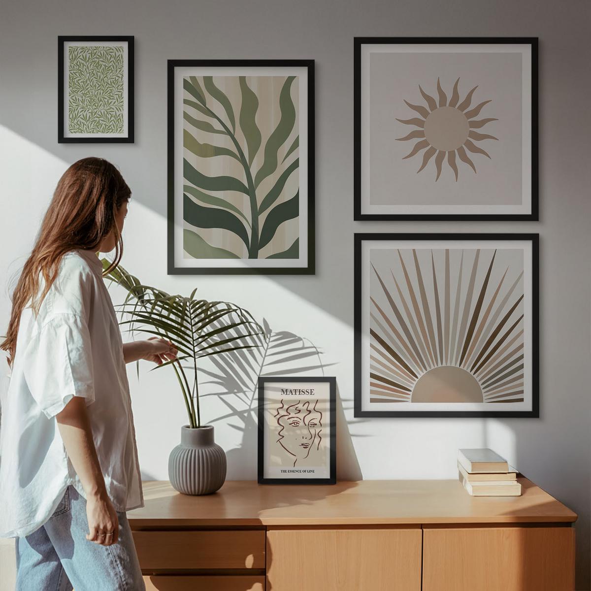 BILDER SET 5er Set - 50x50 cm & 20x30 cm & 40x60 cm Schwarzer Rahmen - Abstrakte Pflanzenmuster - Schwarz, Kunststoff (40/60cm) - TULUP