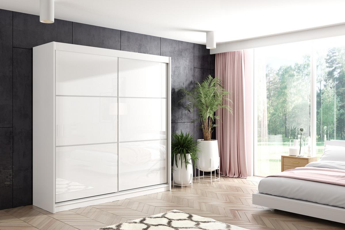 KLEIDERSCHRANK mit Lacobel-Schiebetüren und Aluminium- Leisten, LED-Beleuchtung - VIVI - 200 cm Weiß - Weiß, Holzwerkstoff (200/216/61cm) - ALTDECOR