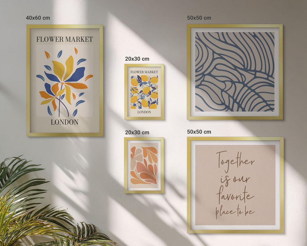 BILDER SET 5er Set - 50x50 cm & 20x30 cm & 40x60 cm Goldrahmen - Moderne abstrakte Blumen - Goldfarben, Kunststoff (40/60cm) - TULUP