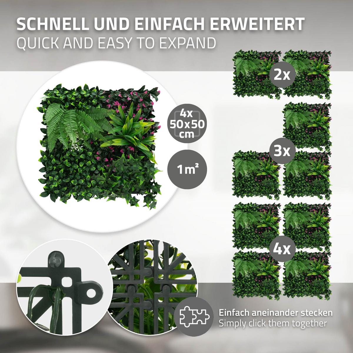 KÜNSTLICHE PFLANZENWAND 4er Set 50x50 cm Kunstpflanzen Wand Innen Aussen Grün Jungle Fern - Waldgrün/Pink, Kunststoff (50/50/10cm) - ECD-Germany