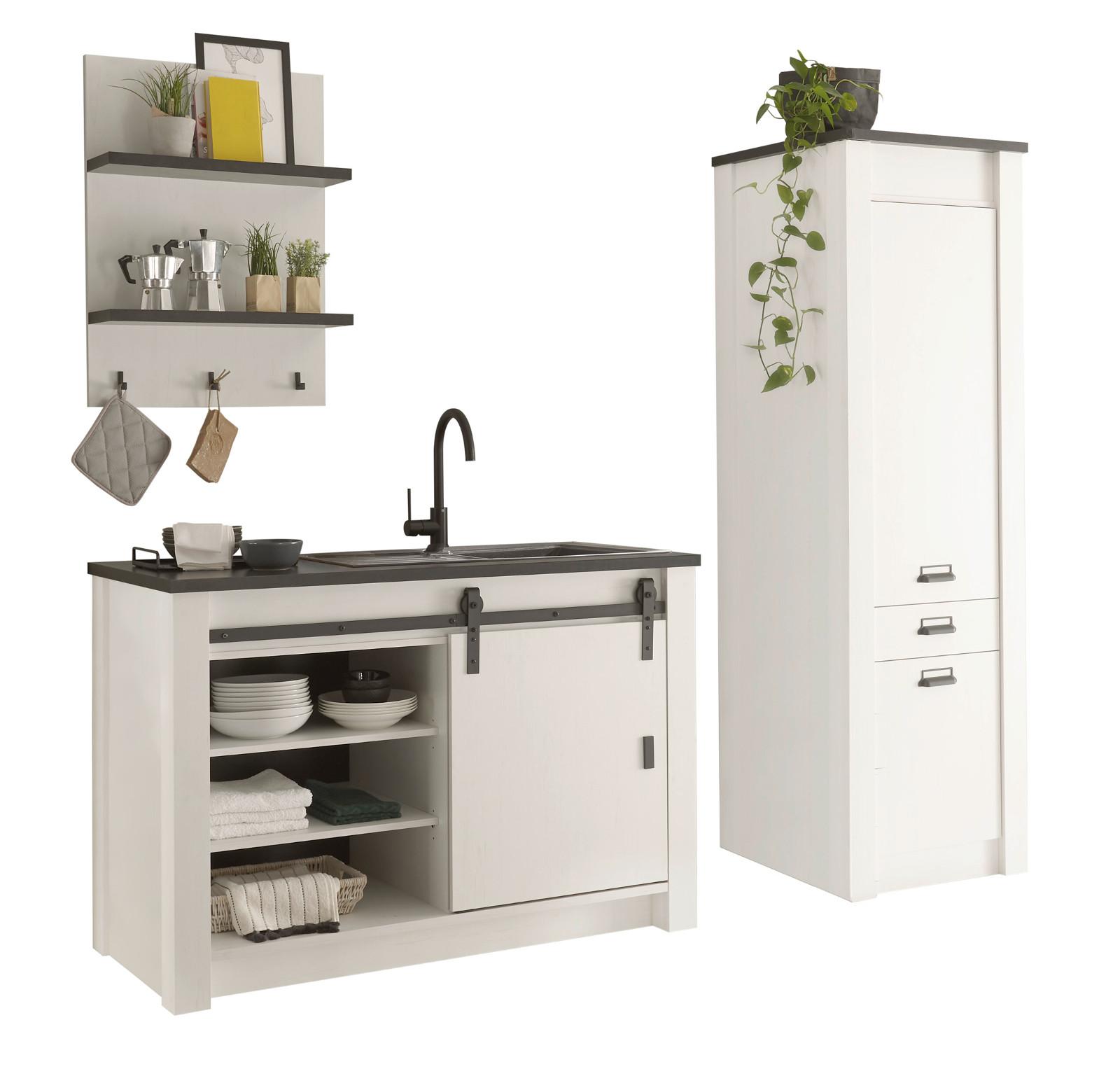 KÜCHEN-SET weiß Pinie, anthrazit Set 3-teilig, Küchenschränke im Landhaus-Stil - Anthrazit/Schwarz, Holzwerkstoff/Metall (133/201/64cm) - Furn.Design